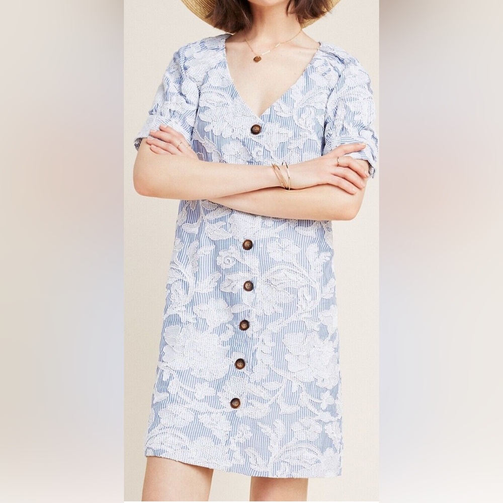 Waverly Grey for Anthropologie blue & white seersucker embroidered dress size XS